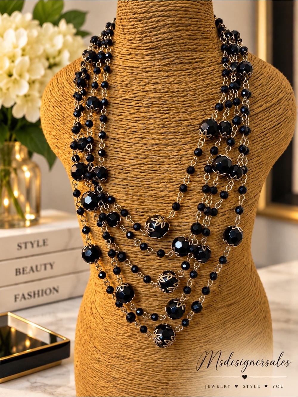 Multi-Strand Black Bead Statement Necklace